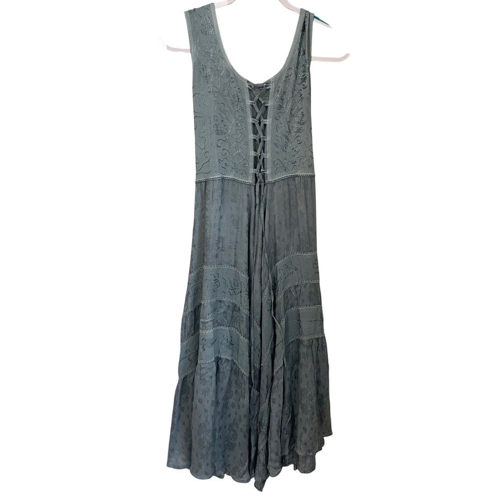Scully Size L Blue Embroidered Lace Up Tiered Midi Dress Boho Western RomanticW